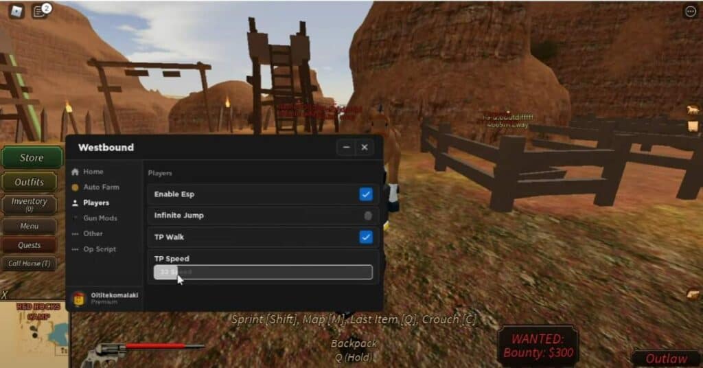 Screenshot of Roblox Westbound script gameplay